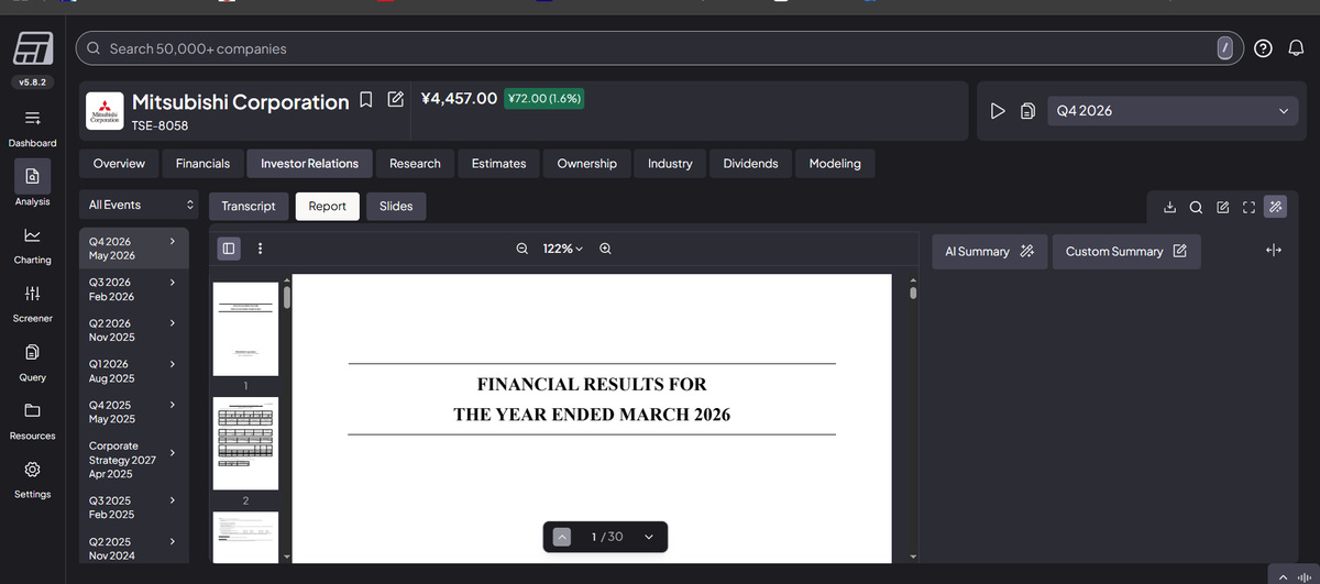 Fiscal.ai official earnings report viewer for Mitsubishi Corporation