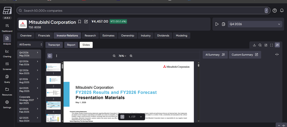Fiscal.ai earnings presentation slides for Mitsubishi Corporation